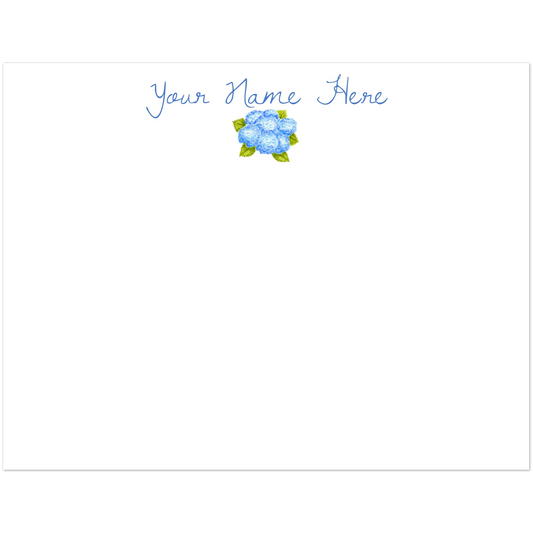 Personalized Blue Bunch of Hydrangeas Watercolor Illustrated Flat Note Cards & Envelopes | Set of 10 | 2 Sizes 4.25x5.5″ (SM)