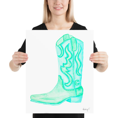 Print | Watercolor Mint Turquoise Cowboy Boot 16″×20″