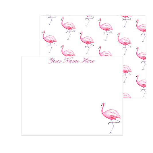 Personalized Pink Flamingo Watercolor Illustrated Flat Notecards | Set of 10 Cards & Envelopes | 2 Sizes