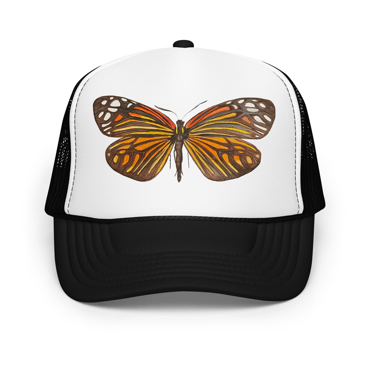 Orange & Black Butterfly Watercolor Illustrated Trucker Hat | 4 Colors Black White Black