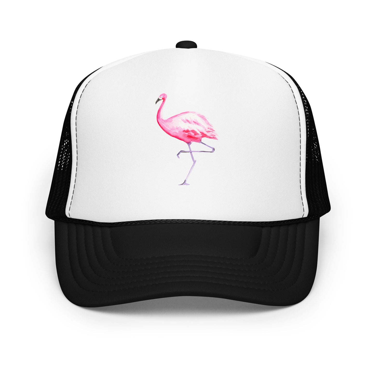 Pink Flamingo Watercolor Illustrated Trucker Hat | 9 Colors Black White Black