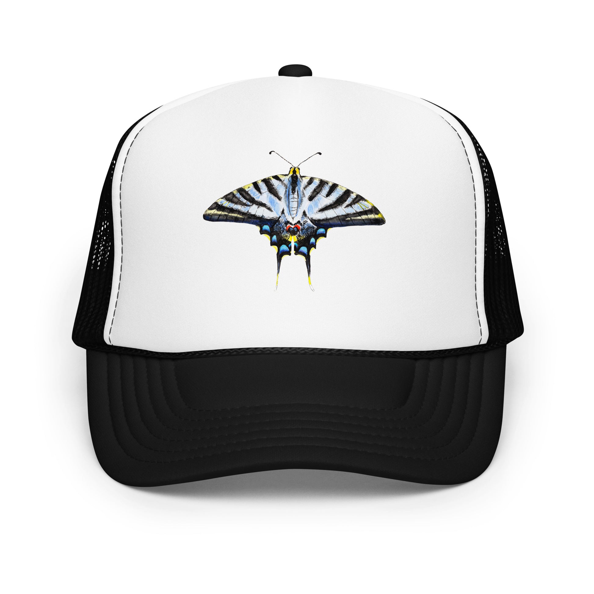 Light Blue Swallowtail Butterfly Watercolor Printer Trucker Hat | Various Hats Black White Black