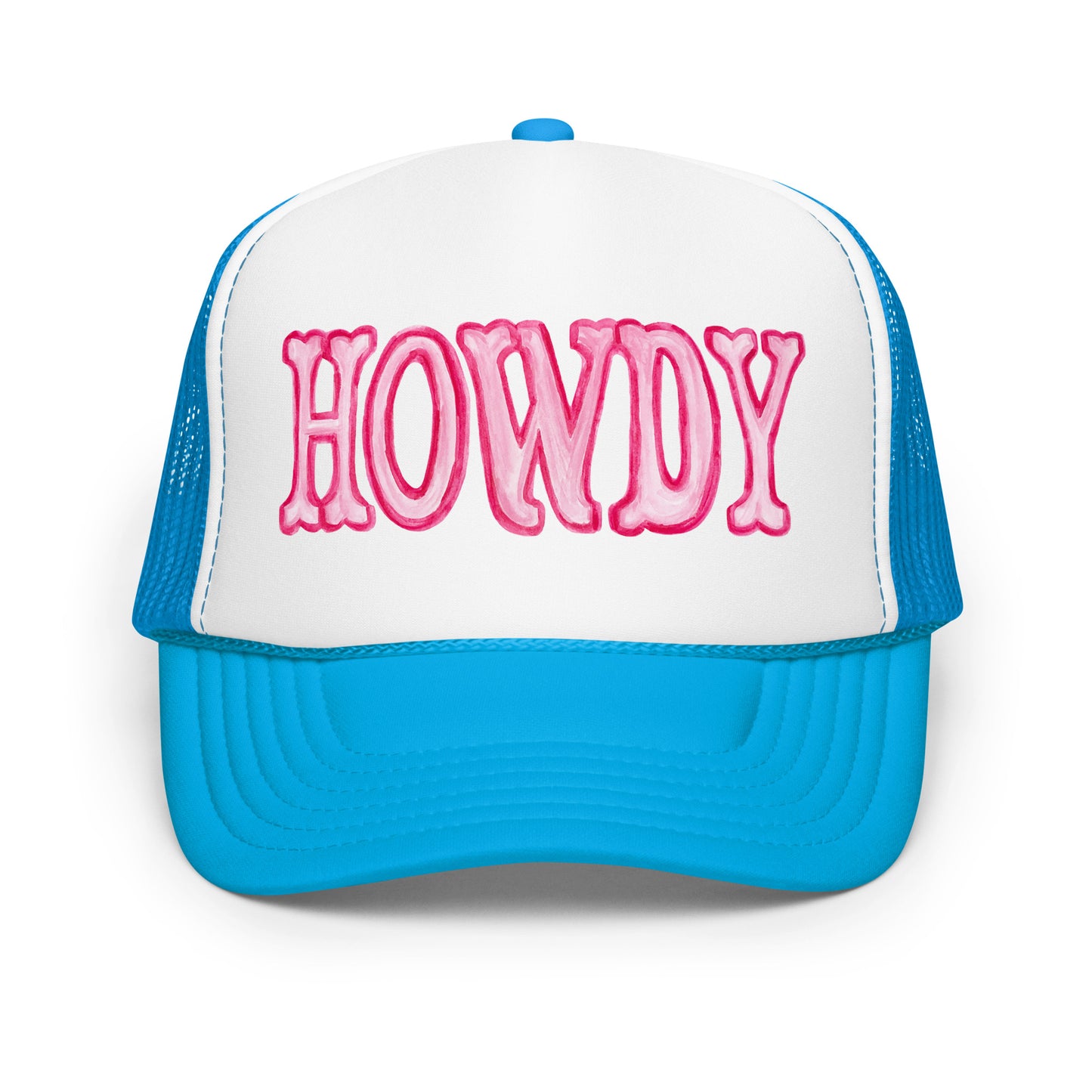 Hot Pink Howdy Watercolor Illustration Trucker Hat | 4 Colors Blue & White