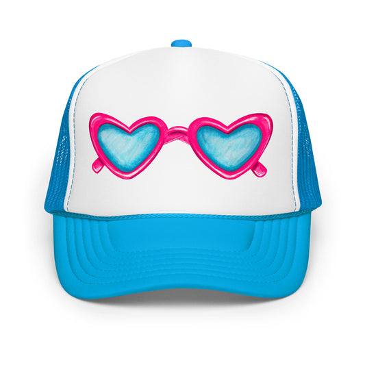 Trucker Hat | Hot Pink Heart Shaped Glasses Watercolor Illustration Blue White Blue