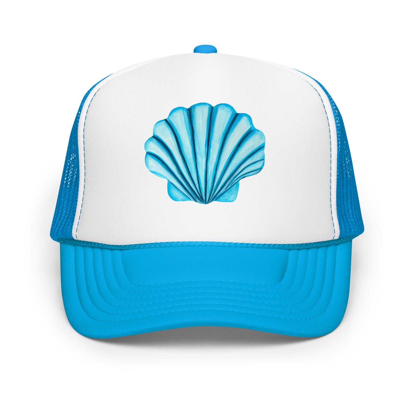 Turquoise Blue Sea Shell Watercolor Illustrated Trucker Hat | 6 Colors Blue & White