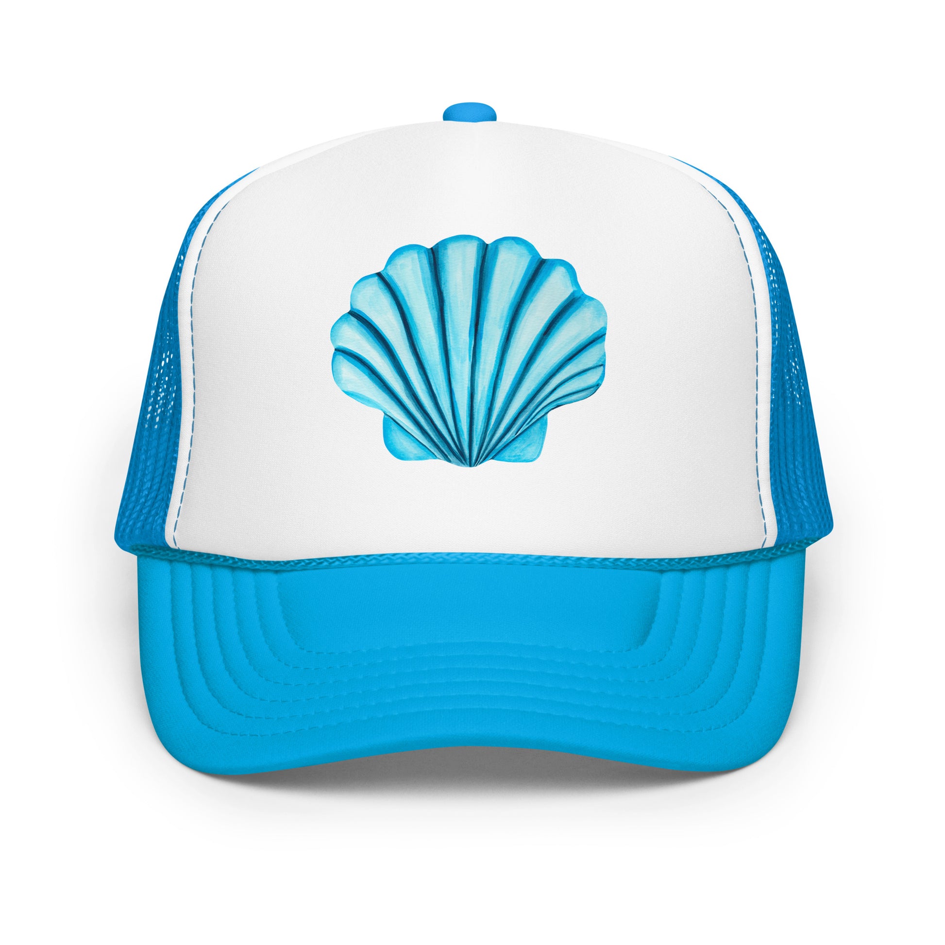 Turquoise Blue Sea Shell Watercolor Illustrated Trucker Hat | 6 Colors Blue & White