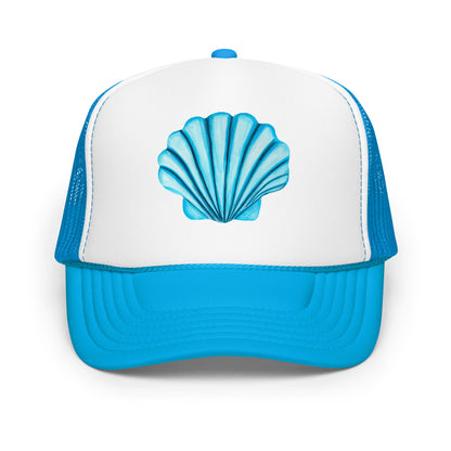 Turquoise Blue Sea Shell Watercolor Illustrated Trucker Hat | 6 Colors Blue & White