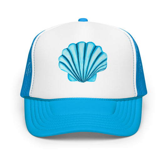 Turquoise Blue Sea Shell Watercolor Illustrated Trucker Hat | 6 Colors Blue & White