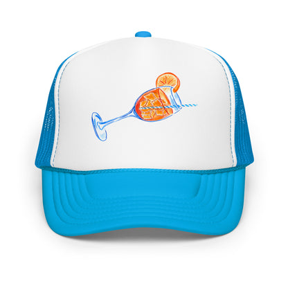 Aperol Spritz Watercolor Illustrated Trucker Hat Blue White Blue
