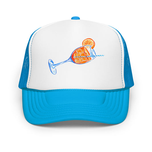 Aperol Spritz Watercolor Illustrated Trucker Hat Blue White Blue
