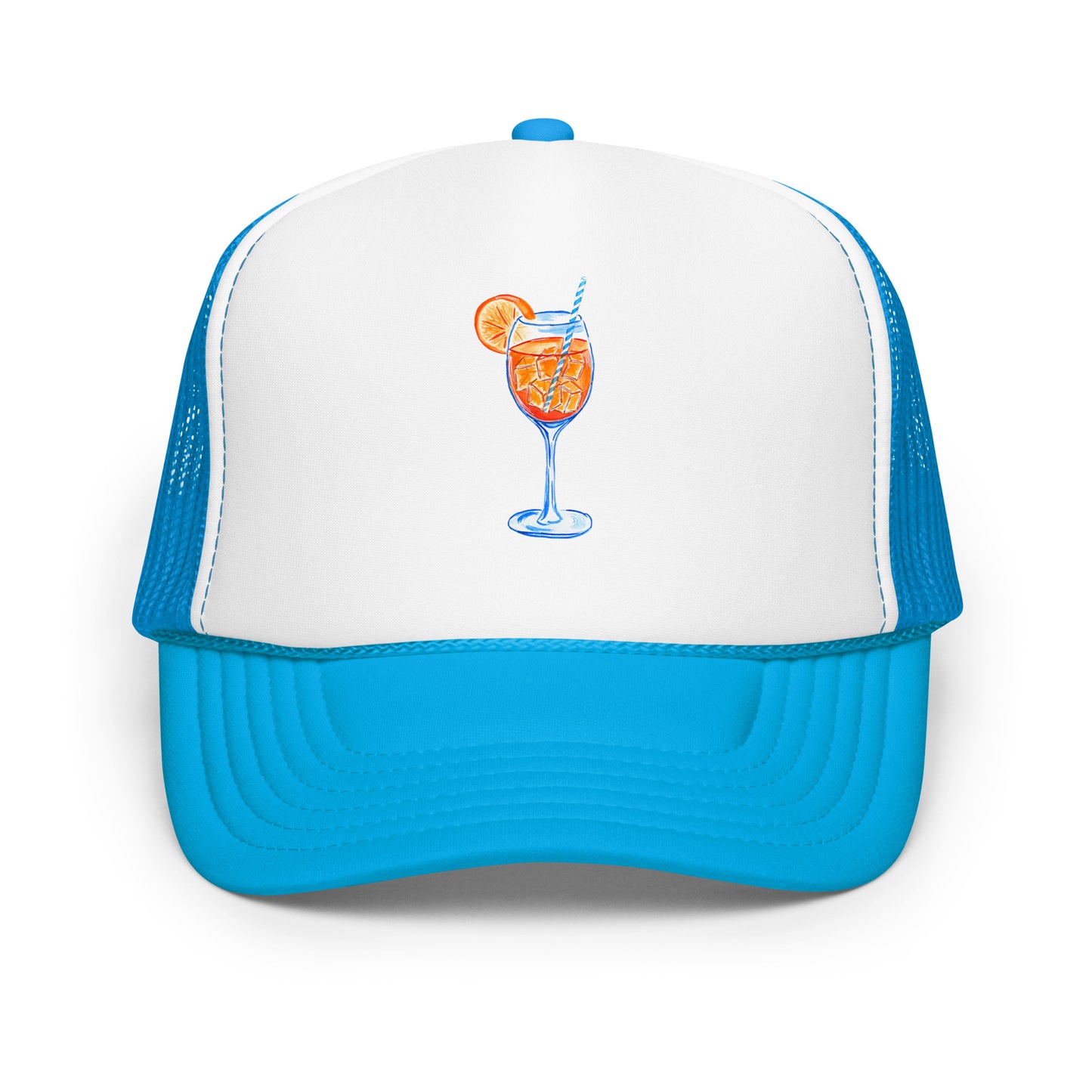 Aperol Spritz Watercolor Illustrated Trucker Hat Blue White Blue