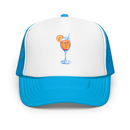 Aperol Spritz Watercolor Illustrated Trucker Hat Blue White Blue