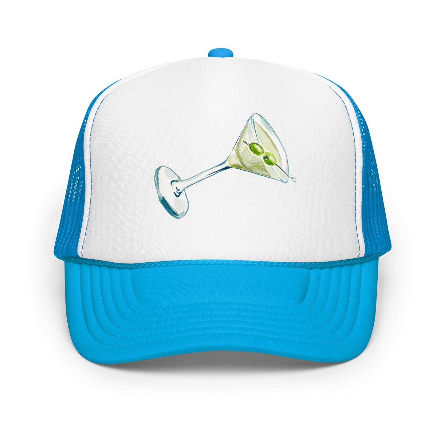 Martini Watercolor Illustrated Trucker Hat Blue White Blue