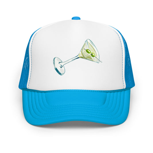 Martini Watercolor Illustrated Trucker Hat Blue White Blue