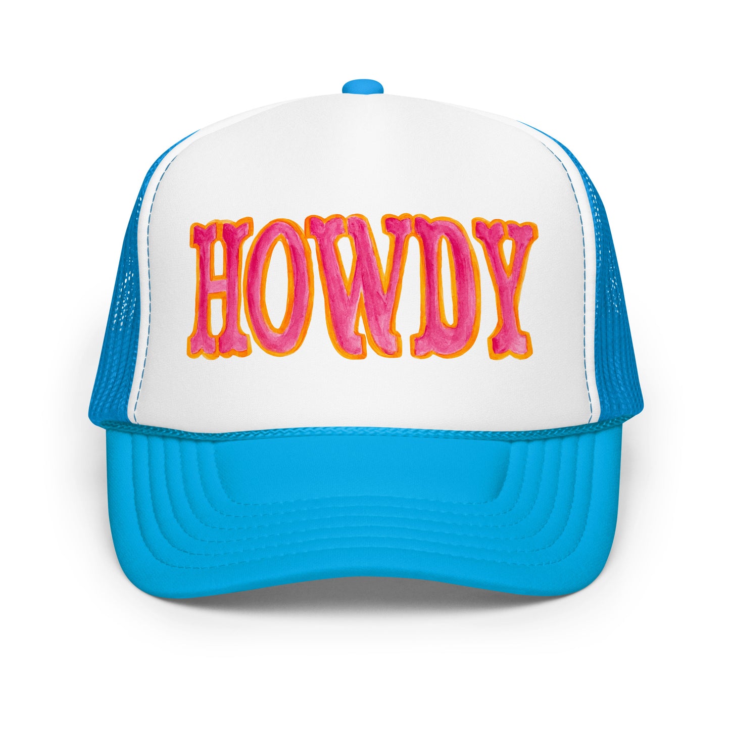 Howdy Hot Pink & Orange Watercolor Illustrated Trucker Hat Blue White Blue