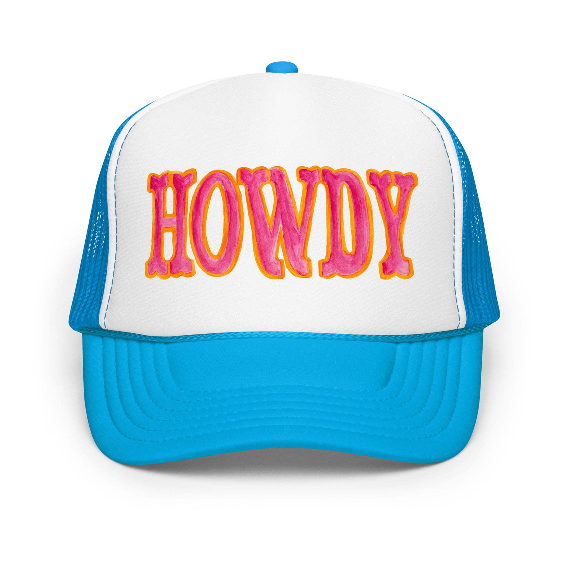 Howdy Hot Pink & Orange Watercolor Illustrated Trucker Hat Blue White Blue