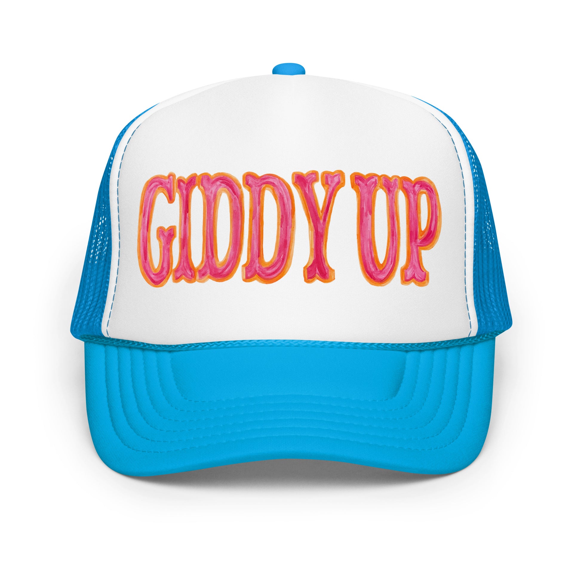 Giddy Up Hot Pink & Orange Watercolor Illustrated Trucker Hat Blue White Blue