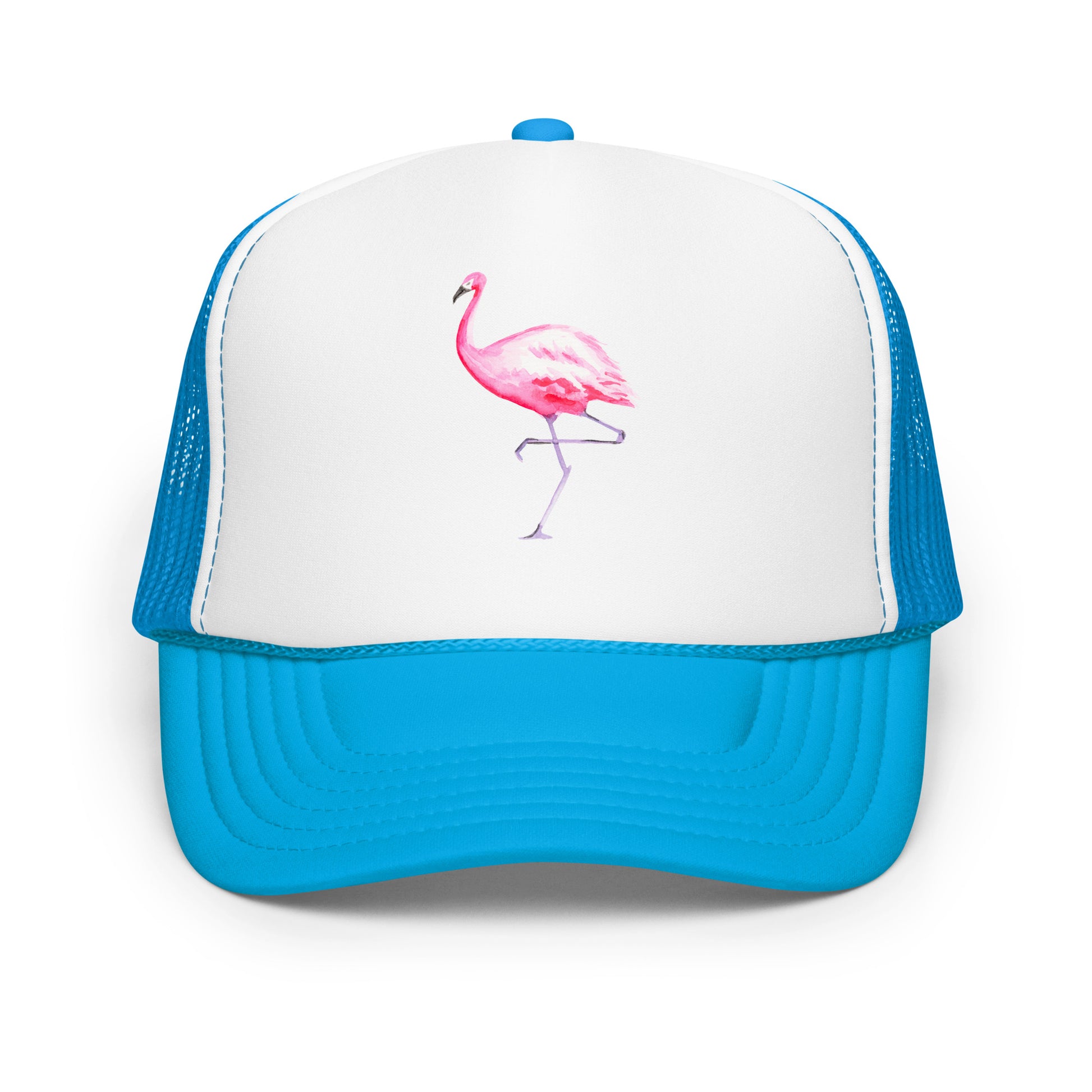 Pink Flamingo Watercolor Illustrated Trucker Hat | 9 Colors Blue White Blue
