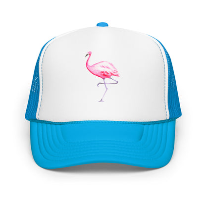 Pink Flamingo Watercolor Illustrated Trucker Hat | 9 Colors Blue White Blue