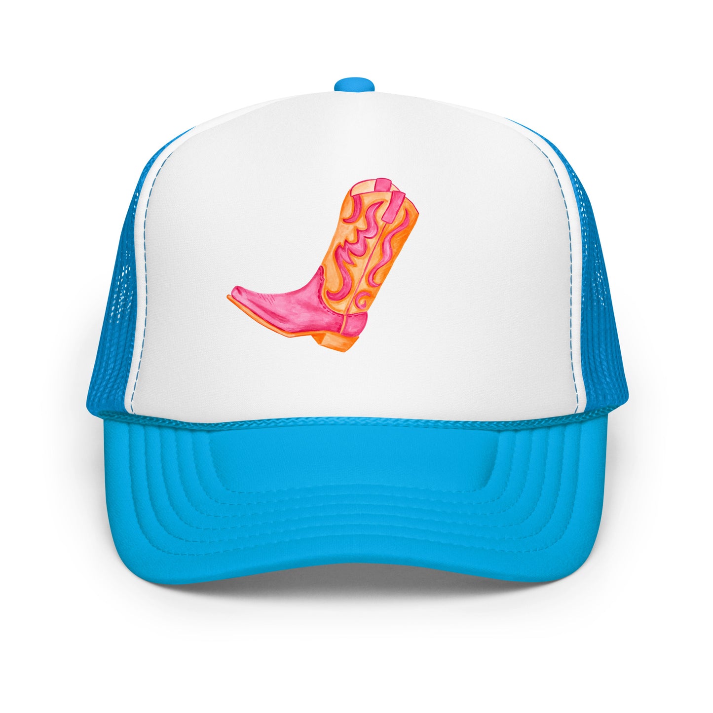 Hot Pink & Orange Cowboy Boot Watercolor Printed Trucker Hat | Various Colors Blue White Blue