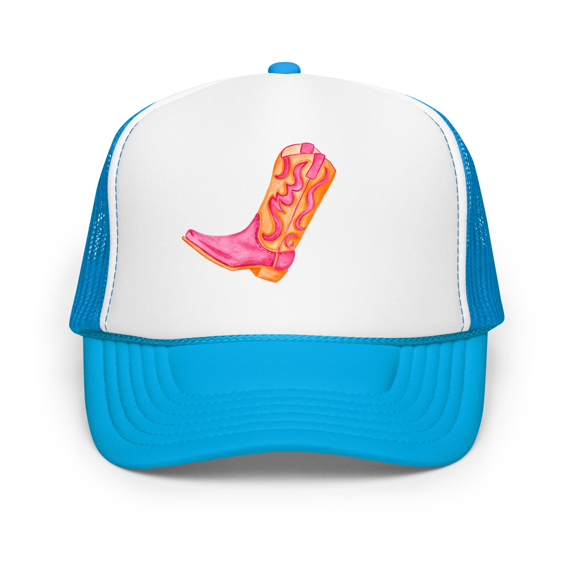 Hot Pink & Orange Cowboy Boot Watercolor Printed Trucker Hat | Various Colors Blue White Blue