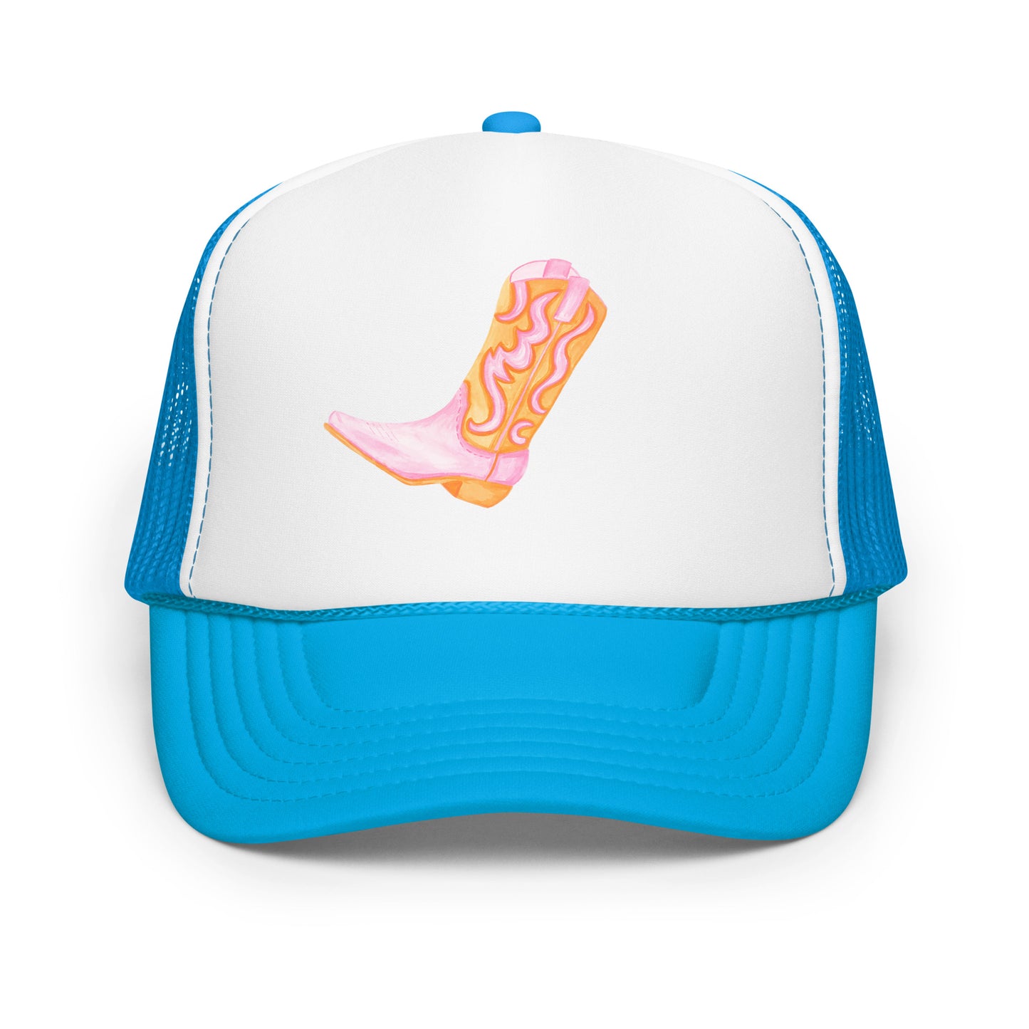 Light Pink & Orange Cowboy Boot Watercolor Printed Trucker Hat | Various Colors Blue White Blue