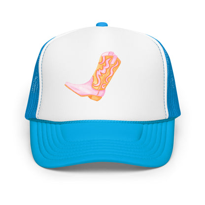 Light Pink & Orange Cowboy Boot Watercolor Printed Trucker Hat | Various Colors Blue White Blue