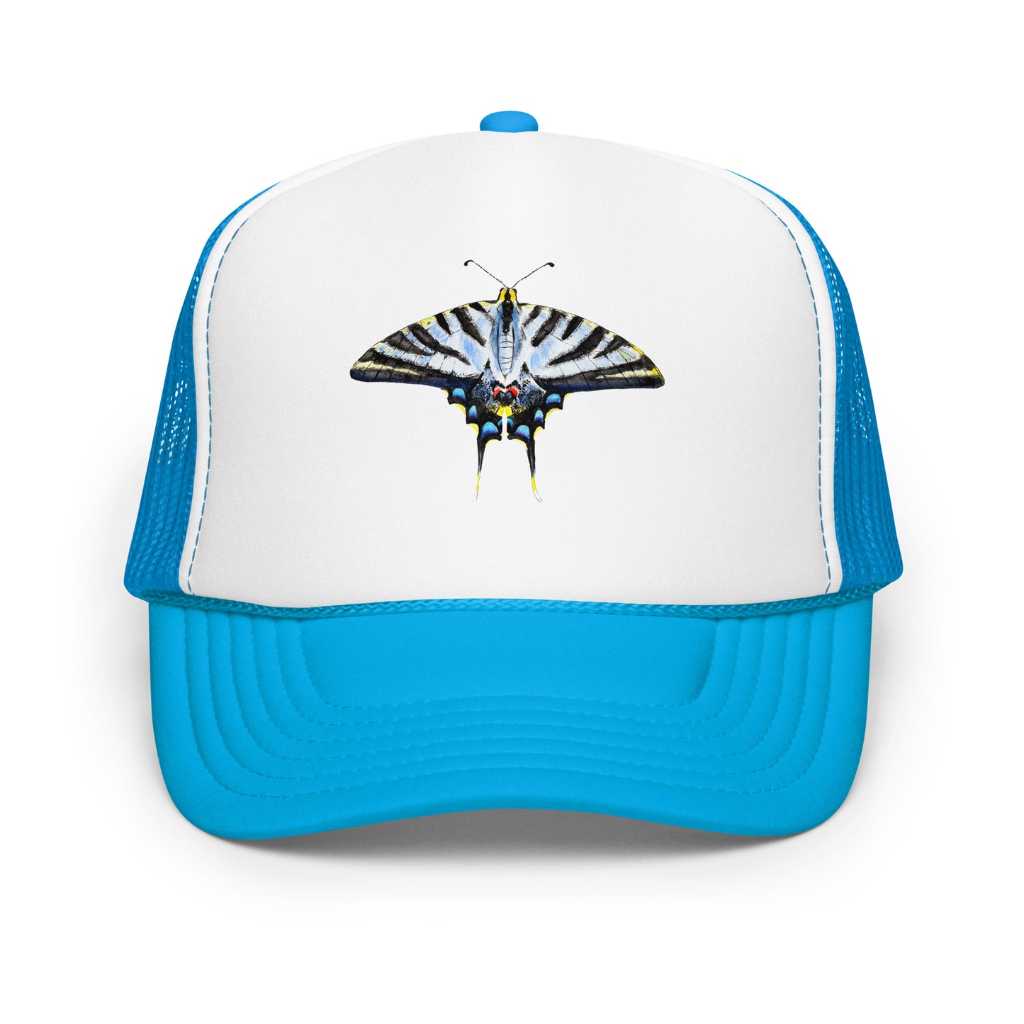 Light Blue Swallowtail Butterfly Watercolor Printer Trucker Hat | Various Hats Blue White Blue