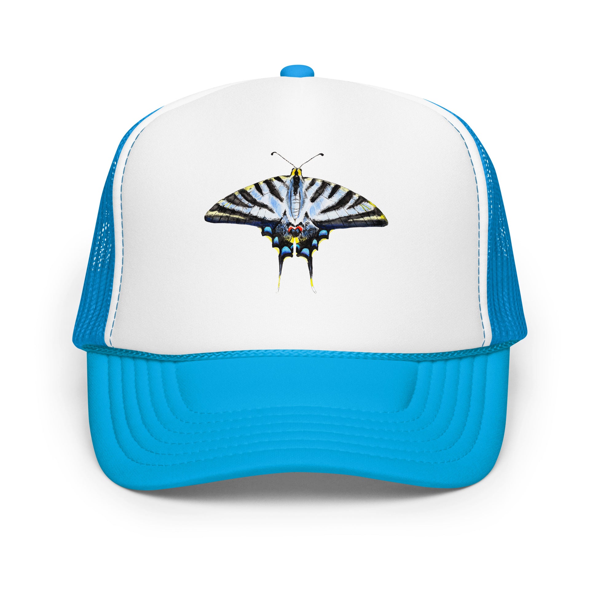 Light Blue Swallowtail Butterfly Watercolor Printer Trucker Hat | Various Hats Blue White Blue