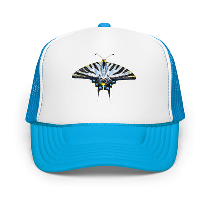 Light Blue Swallowtail Butterfly Watercolor Printer Trucker Hat | Various Hats Blue White Blue