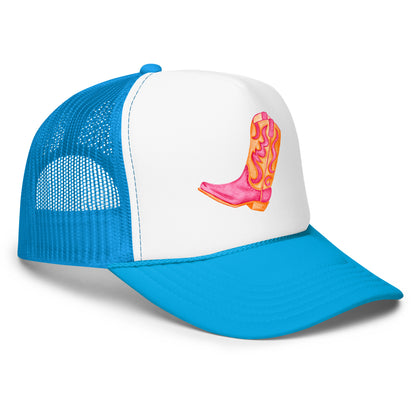 Hot Pink & Orange Cowboy Boot Watercolor Printed Trucker Hat | Various Colors
