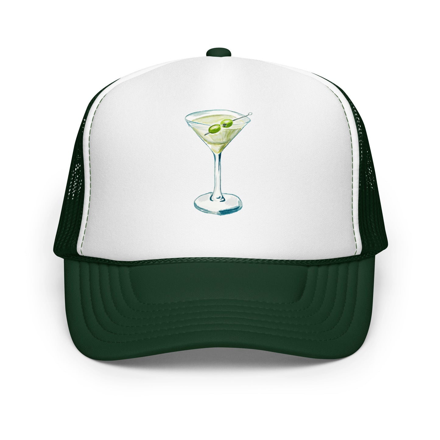 Martini Watercolor Illustrated Trucker Hat Dark Green White Dark Green
