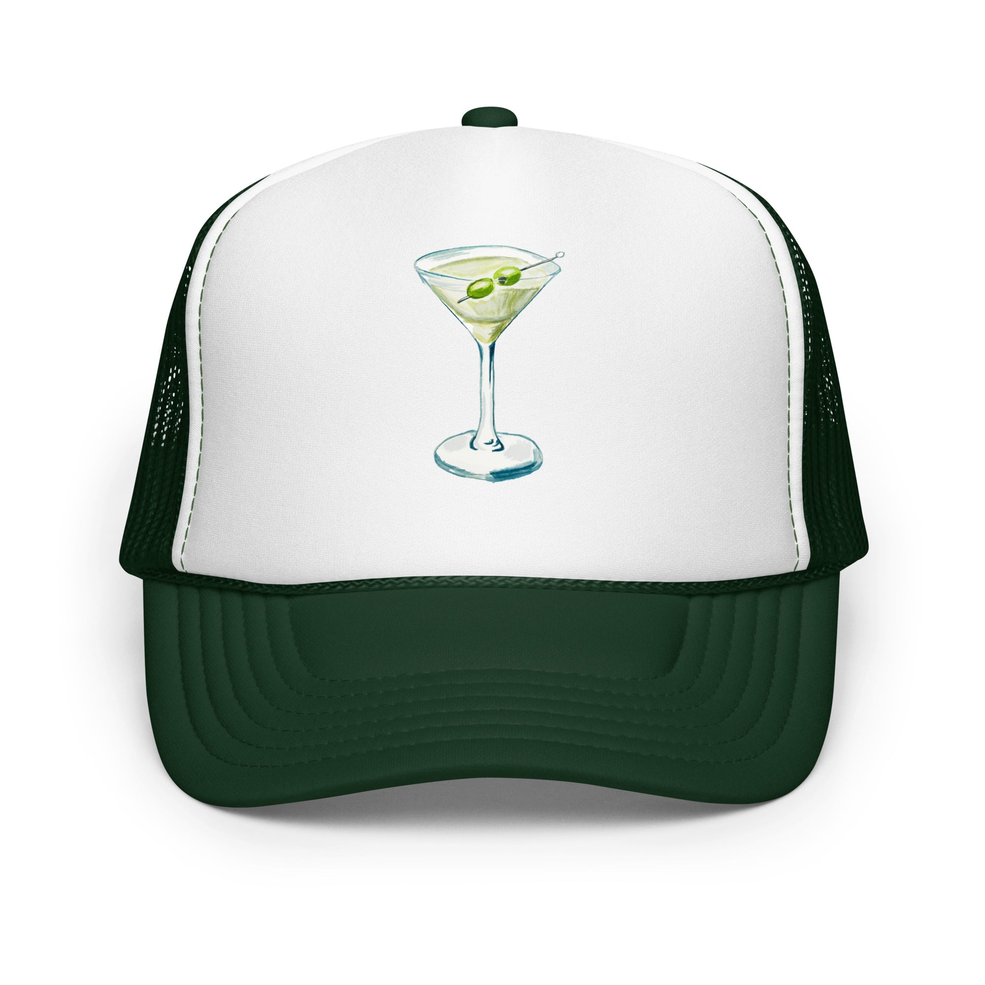 Martini Watercolor Illustrated Trucker Hat Dark Green White Dark Green