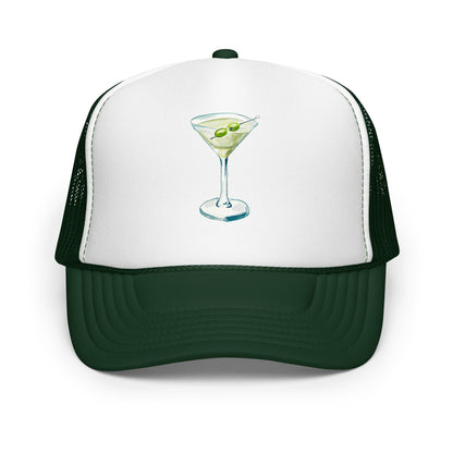 Martini Watercolor Illustrated Trucker Hat Dark Green White Dark Green