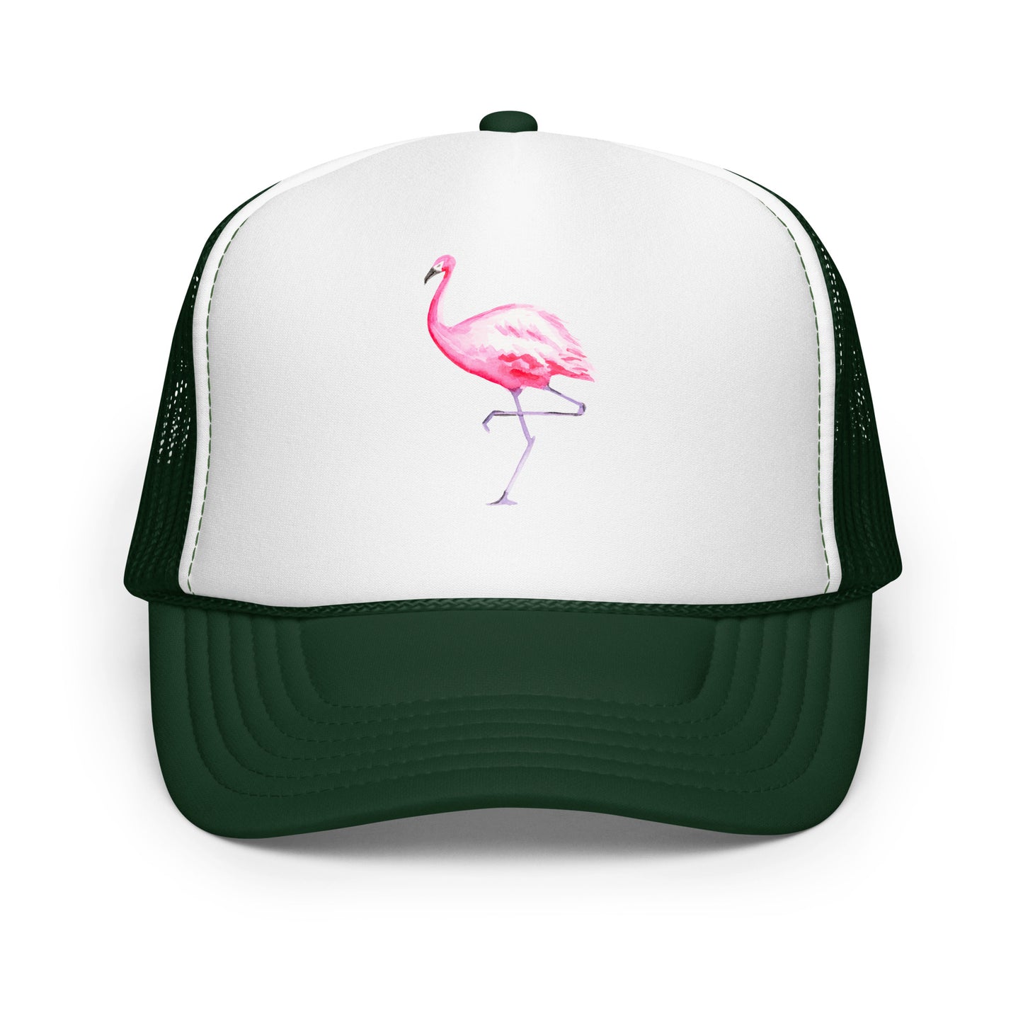 Pink Flamingo Watercolor Illustrated Trucker Hat | 9 Colors Dark Green White Dark Green