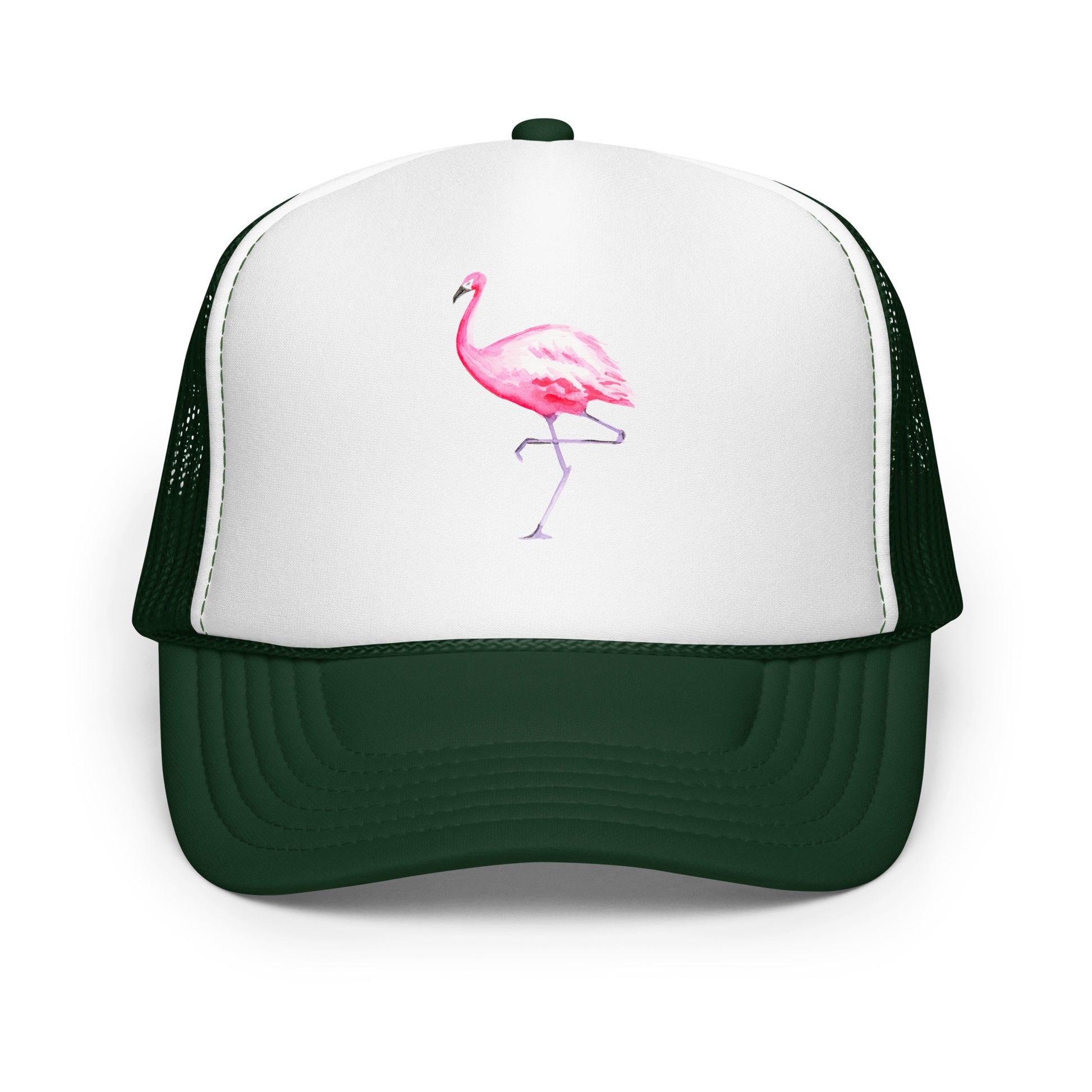 Pink Flamingo Watercolor Illustrated Trucker Hat | 9 Colors Dark Green White Dark Green