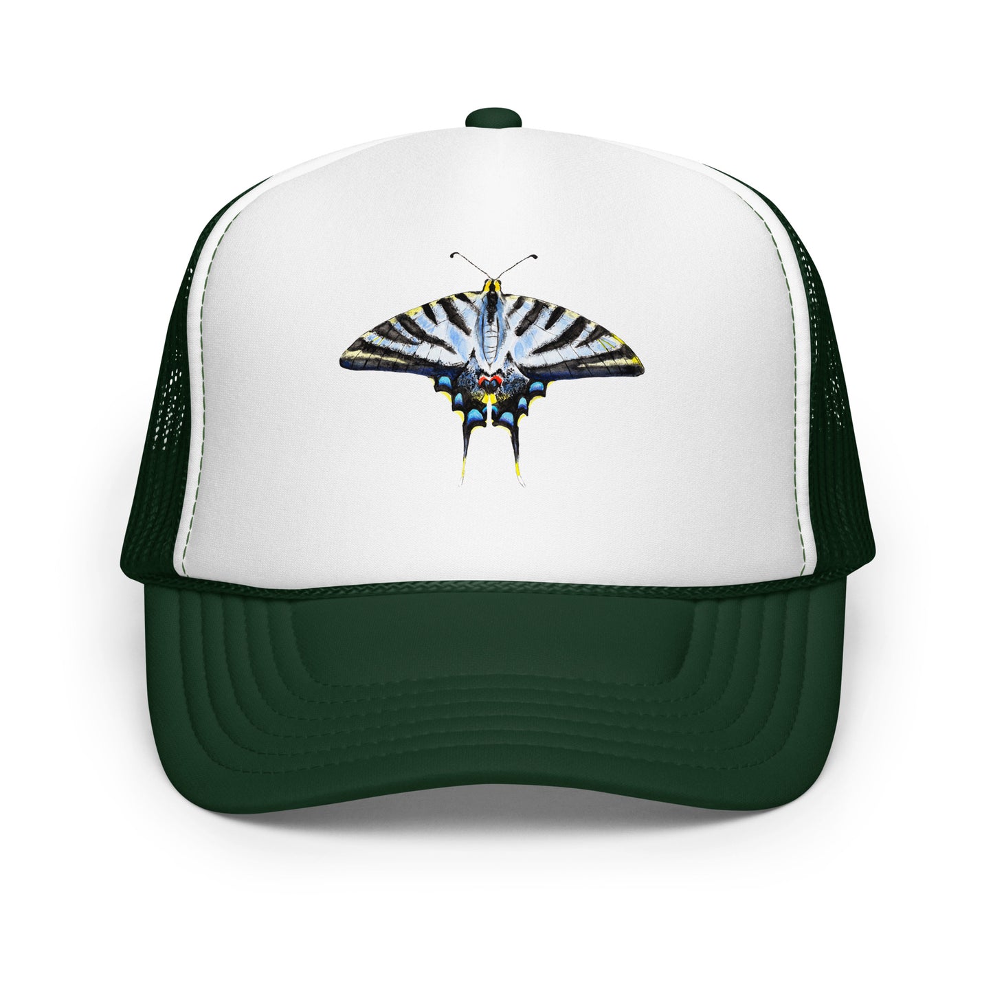 Light Blue Swallowtail Butterfly Watercolor Printer Trucker Hat | Various Hats Dark Green White Dark Green