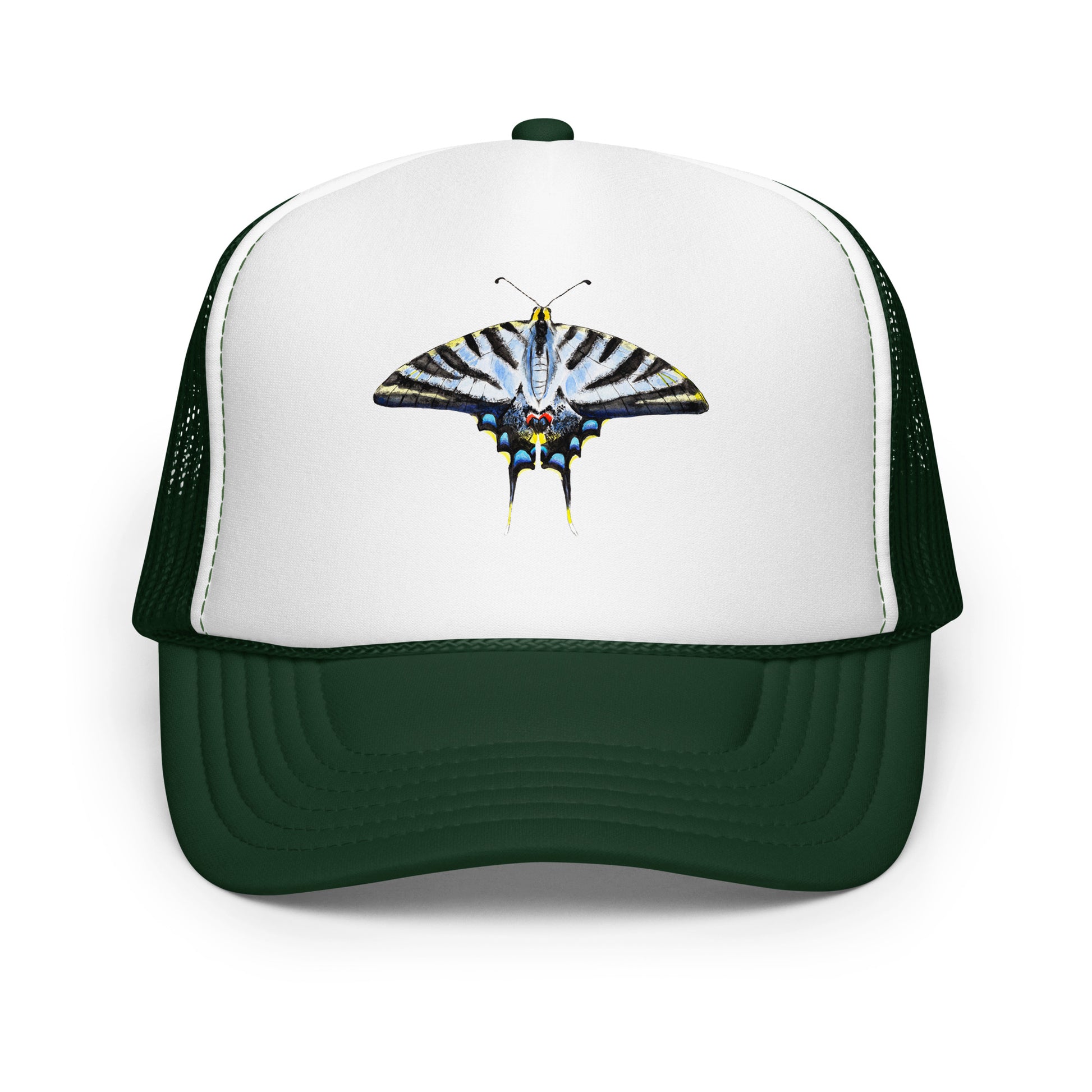 Light Blue Swallowtail Butterfly Watercolor Printer Trucker Hat | Various Hats Dark Green White Dark Green