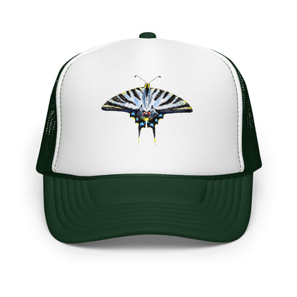 Light Blue Swallowtail Butterfly Watercolor Printer Trucker Hat | Various Hats Dark Green White Dark Green