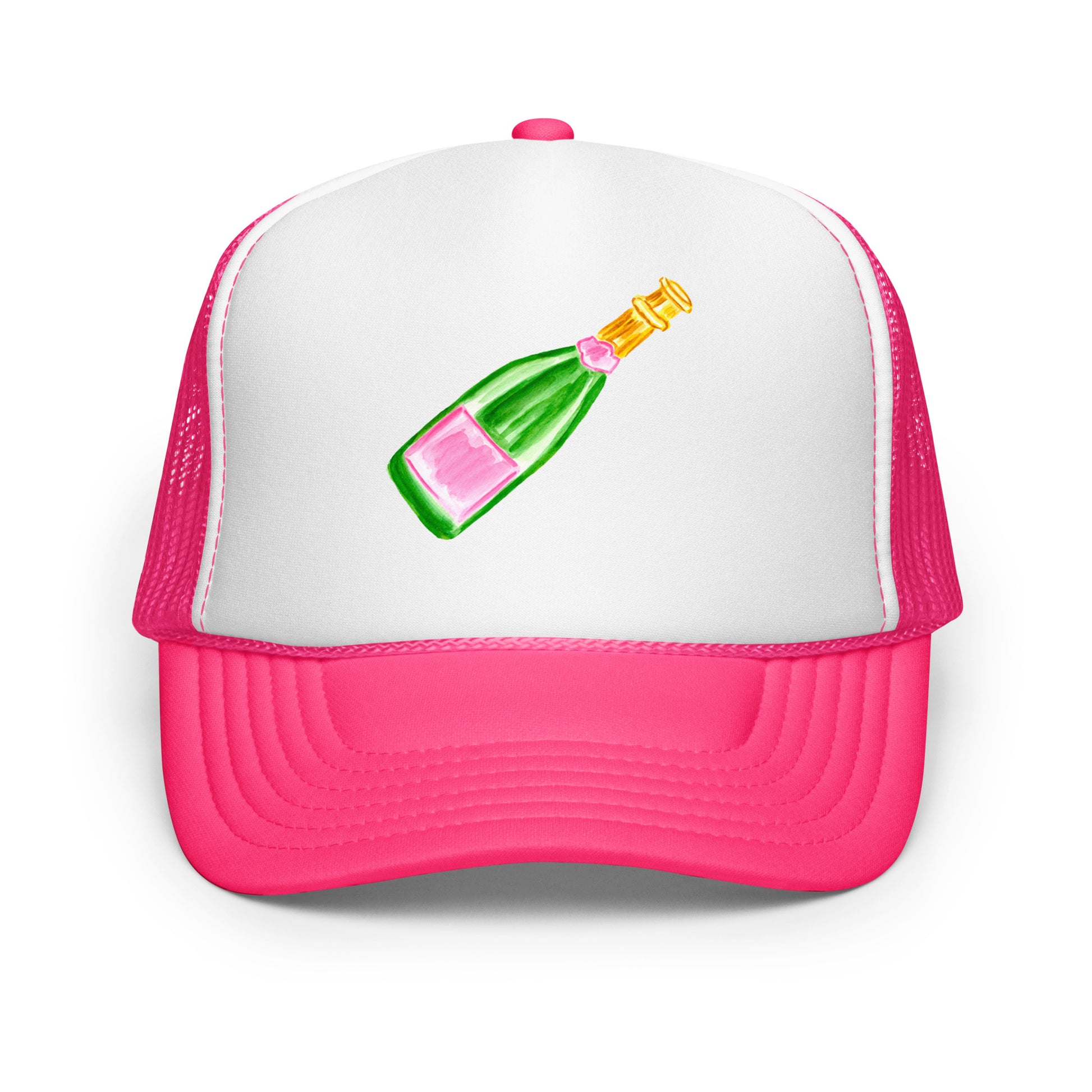Trucker Hat | Pink & Green Champagne Bottle Watercolor Illustration Hot Pink White Hot Pink