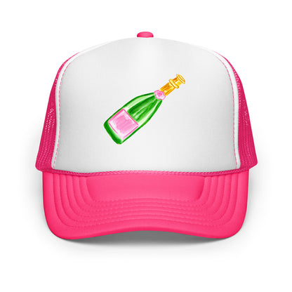 Trucker Hat | Pink & Green Champagne Bottle Watercolor Illustration Hot Pink White Hot Pink