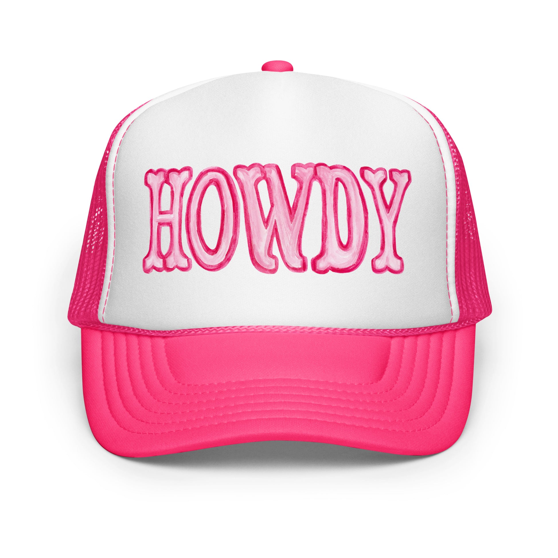 Hot Pink Howdy Watercolor Illustration Trucker Hat | 4 Colors Hot Pink & White