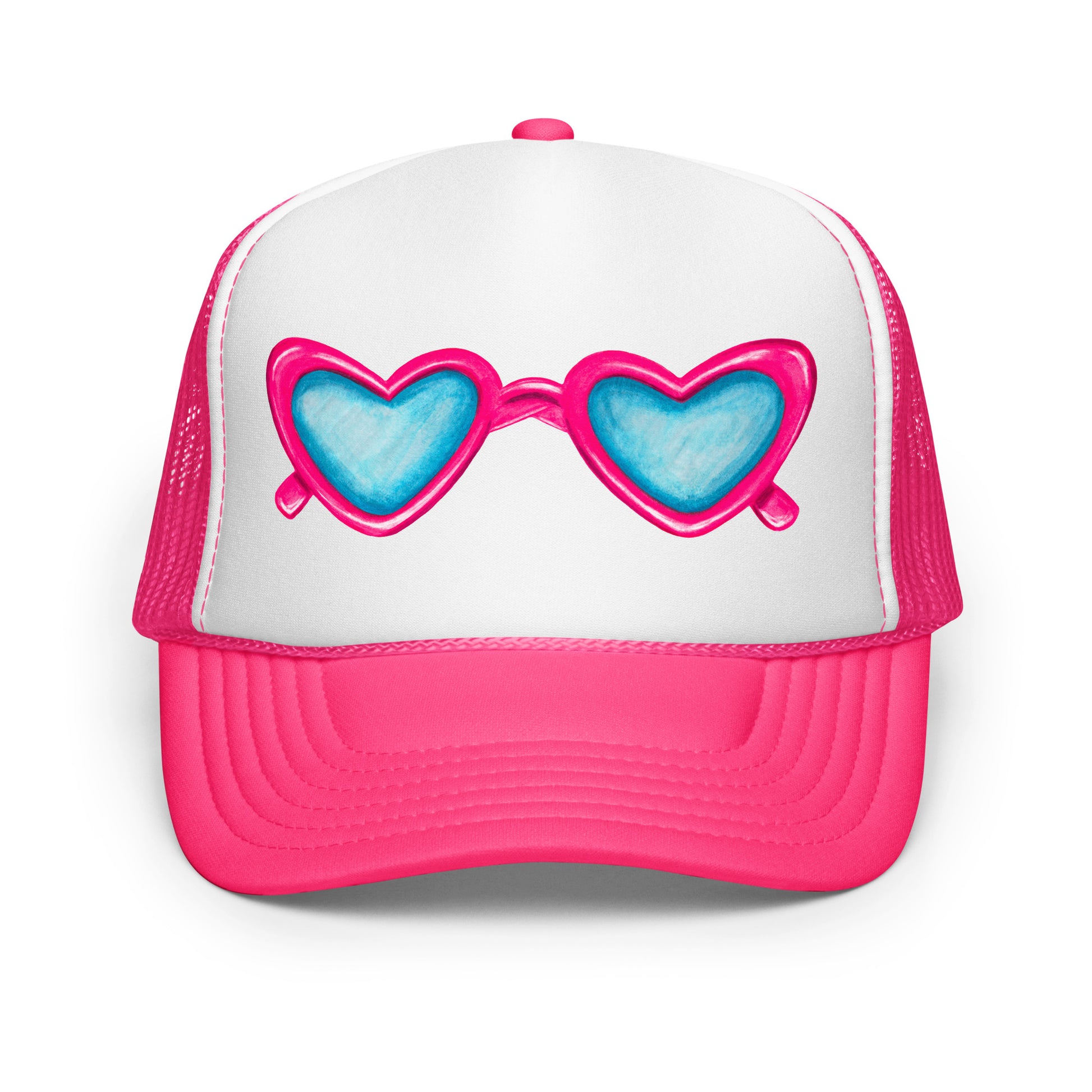 Trucker Hat | Hot Pink Heart Shaped Sunglasses Watercolor Illustration Hot Pink White Hot Pink