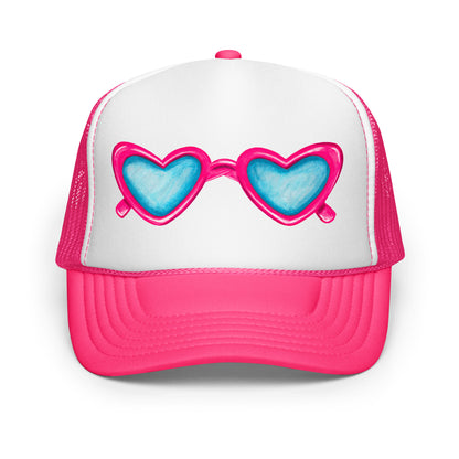 Trucker Hat | Hot Pink Heart Shaped Sunglasses Watercolor Illustration Hot Pink White Hot Pink