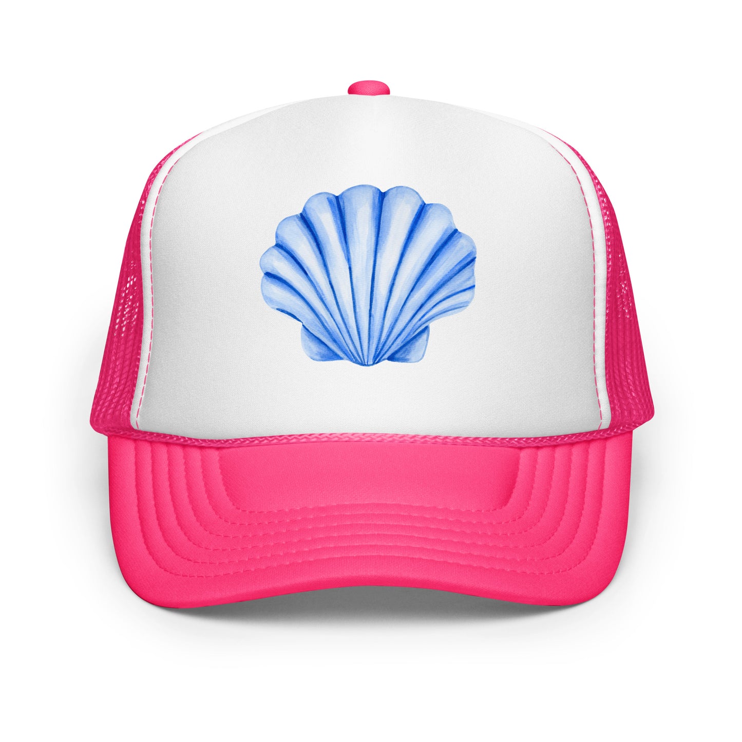 Blue Sea Shell Watercolor Illustrated Trucker Hat | 7 Colors Hot Pink & White