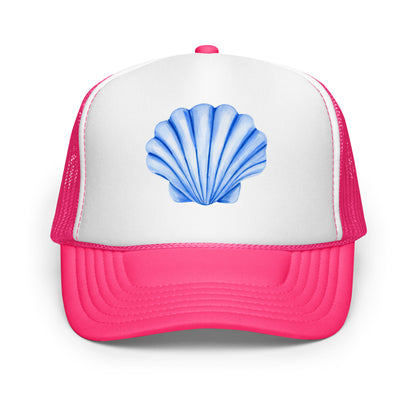 Blue Sea Shell Watercolor Illustrated Trucker Hat | 7 Colors Hot Pink & White