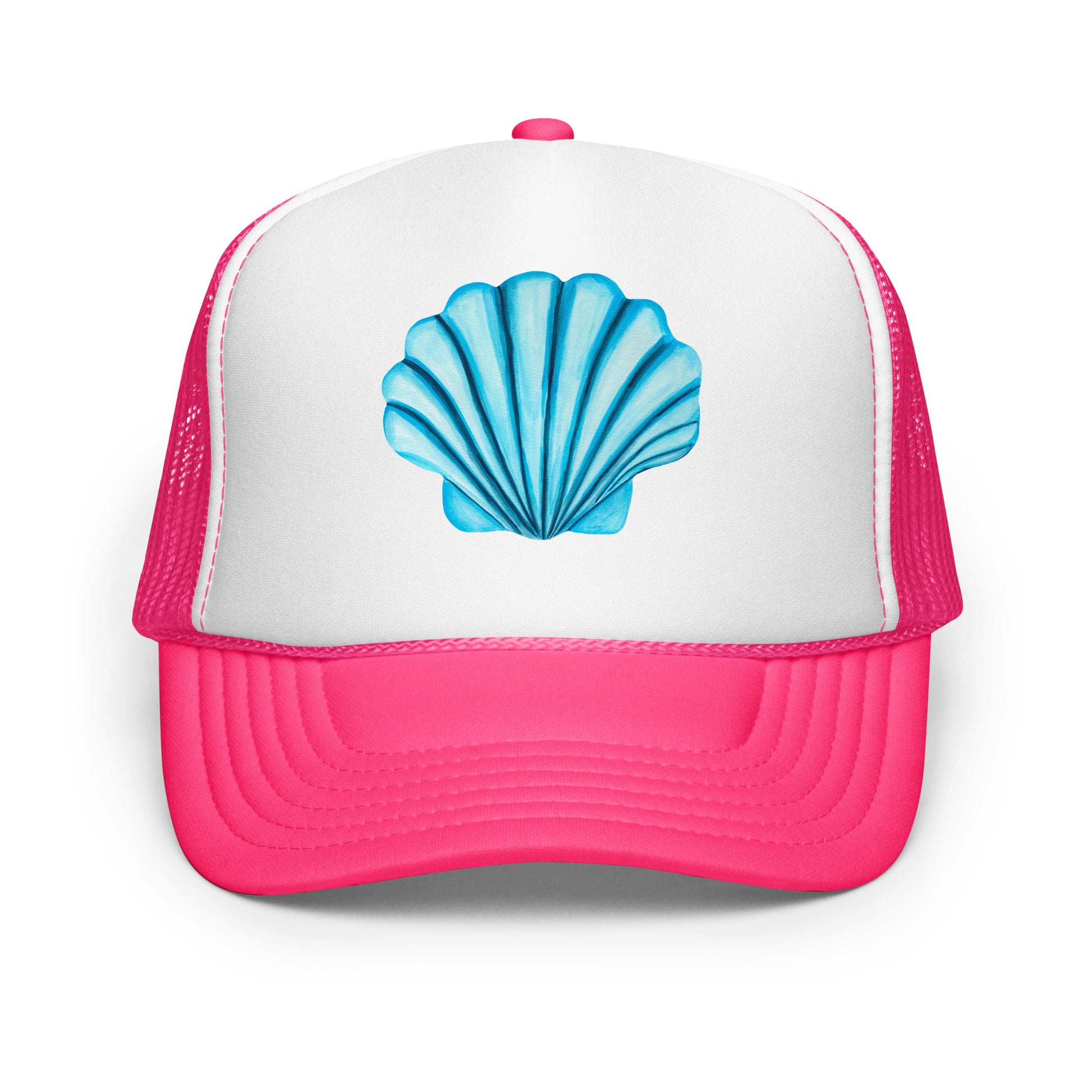 Turquoise Blue Sea Shell Watercolor Illustrated Trucker Hat | 6 Colors Hot Pink & White