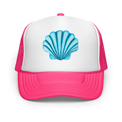 Turquoise Blue Sea Shell Watercolor Illustrated Trucker Hat | 6 Colors Hot Pink & White