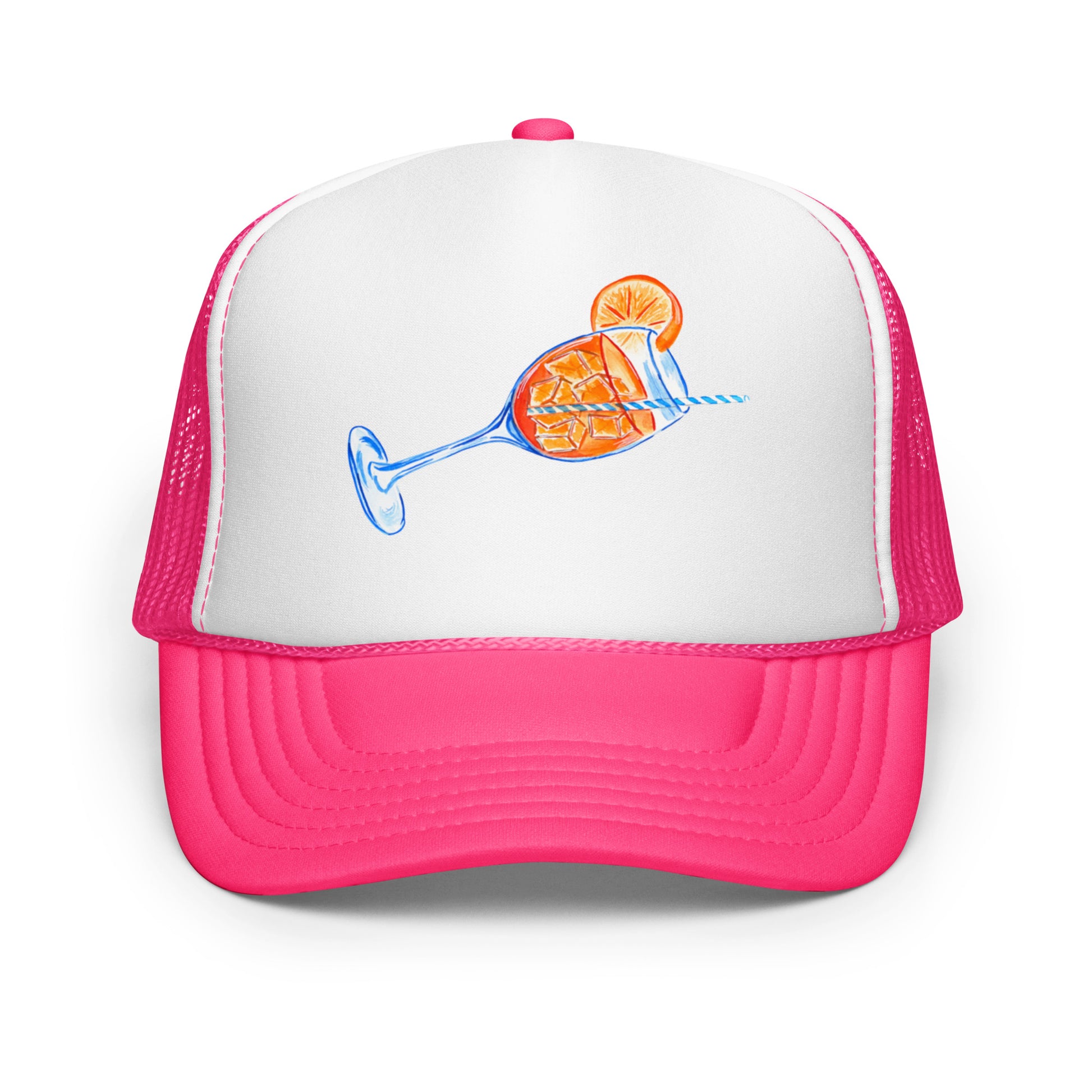 Aperol Spritz Watercolor Illustrated Trucker Hat Hot Pink White Hot Pink