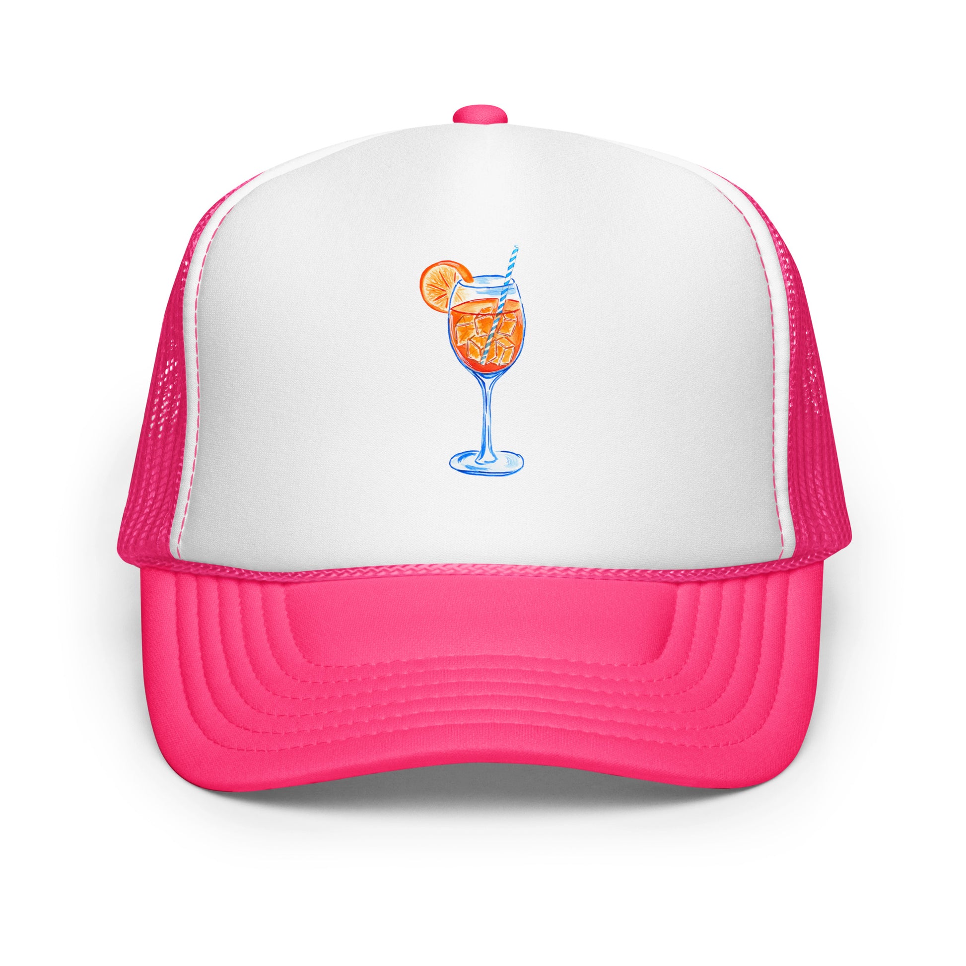 Aperol Spritz Watercolor Illustrated Trucker Hat Hot Pink White Hot Pink